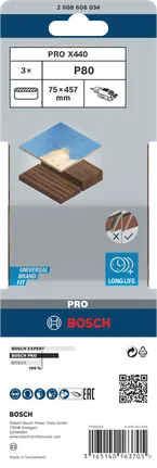 Шлифовальная лента Bosch PRO X440 75 x 457 мм G80, комплект из 3 штук.