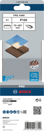 Шлифовальная лента Bosch PRO X440 75x457 мм G120, комплект из 3 штук.