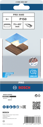 Шлифовальная лента Bosch PRO X440 75x457 мм G150, комплект из 3 штук.