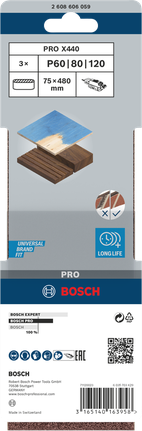 Шлифовальная лента Bosch PRO X440 75x480 мм G60 G80, комплект из 3 штук.
