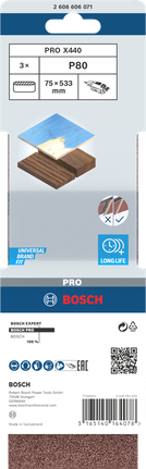 Шлифовальная лента Bosch PRO X440, зернистость 75x533 мм, упаковка из 80 штук.