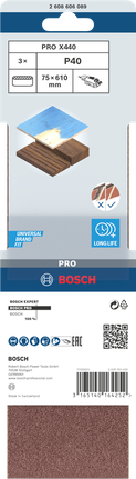 Шлифовальная лента Bosch PRO X440 75x610 мм, зернистость 40, комплект из 3 штук.