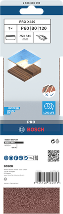 Шлифовальные ленты Bosch PRO X440 75x610 мм G60 G80, комплект из 3 штук.
