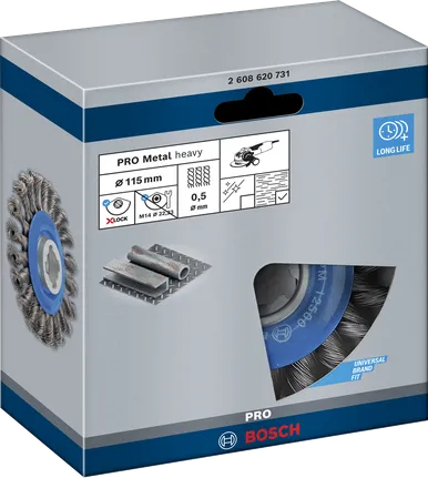 Колесная щетка Bosch PRO Metal heavy X-Lock с проволочной щеткой, диаметр 115 мм, для металла.