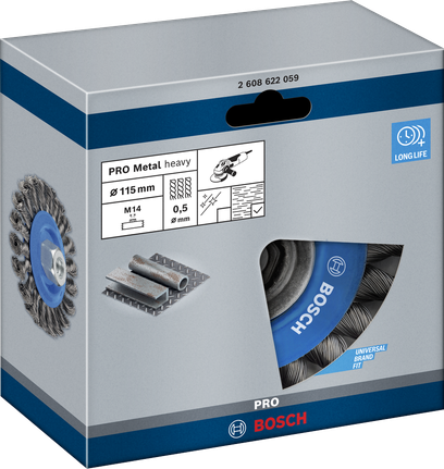 Щетка Bosch PRO Metal из толстой проволоки, 115 мм, для угловых шлифовальных машин.