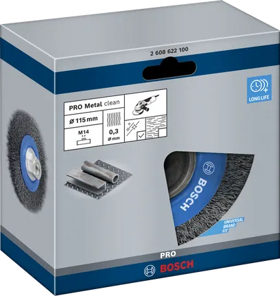 Проволочная щетка Bosch PRO Metal clean диаметром 115 мм для очистки металла.