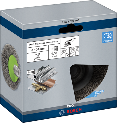 Щетка Bosch PRO из нержавеющей стали с косым срезом, 100 мм, M14.