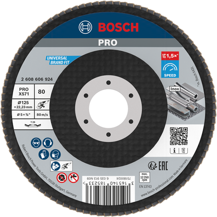 Шлифовальный диск Bosch PRO X571 с угловым лезвием, диаметр 125 мм, материал G80, для шлифовки металла.