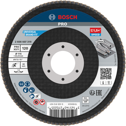 Лепестковый диск Bosch PRO X571, угловой, 115 мм, G120, для металла.