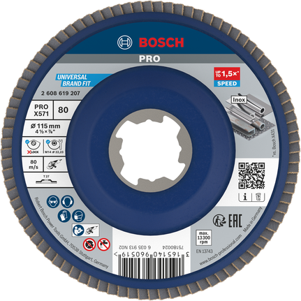 Лепестковый диск Bosch PRO X571 115 мм G80 X-Lock для металла.