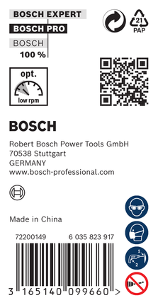 Этикетка сверла Bosch PRO Wood Brad Point Drill Bit с иконками безопасности.