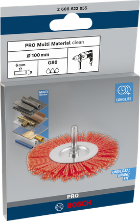 Проволочная щетка Bosch PRO Multi Material с прямым хвостовиком для очистки различных материалов.