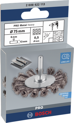 Колесная щетка Bosch PRO Metal из толстой проволоки, 75 мм, с прямым хвостовиком.