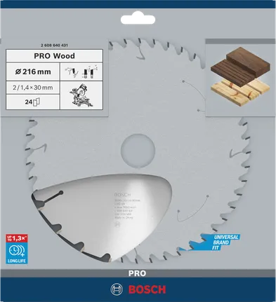 Пильный диск Bosch PRO для циркулярной пилы по дереву, диаметр 216 мм, тип T24, для точной распиловки древесины.