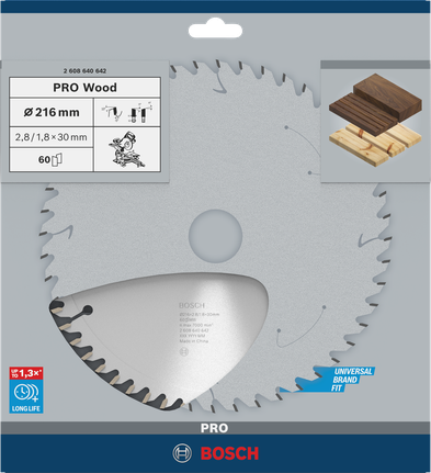Пильный диск Bosch PRO Wood Circular Saw 216 мм T60 для чистой распиловки древесины.