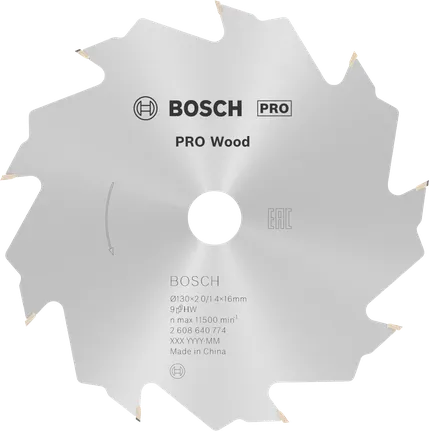 Пильный диск Bosch PRO для циркулярной пилы по дереву диаметром 130 мм обеспечивает чистый срез древесины.