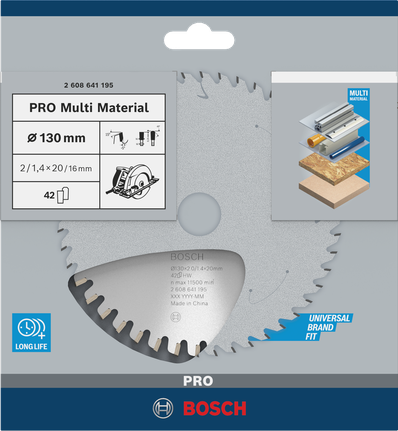 Пильный диск Bosch PRO Multi Material 130 мм для циркулярной пилы, предназначенный для работы с различными материалами.