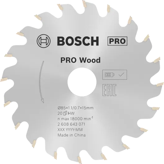 Пильный диск Bosch PRO для циркулярной пилы по дереву диаметром 85 мм для точной распиловки древесины.