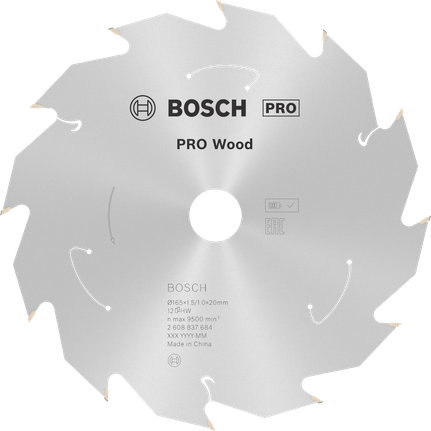 Пильный диск Bosch PRO Wood для аккумуляторной циркулярной пилы, 165 мм, T12.