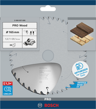 Пильный диск для аккумуляторной циркулярной пилы Bosch PRO Wood 165 мм T36.