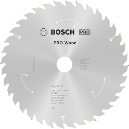 Пильный диск Bosch PRO Wood для беспроводной циркулярной пилы, диаметр 165 мм, для работы по дереву.