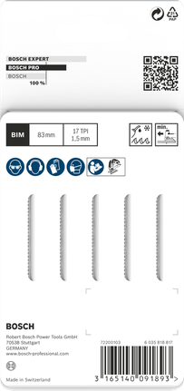 Пильные полотна для лобзика Bosch PRO Metal T118EOF, 83 мм, комплект из 5 штук.