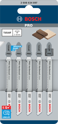 Комплект из 5 пильных полотен для лобзика Bosch PRO Hardwood clean T101AIF.