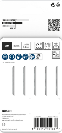 Набор пильных полотен для лобзика Bosch PRO из нержавеющей стали T118EFS, 83 мм.