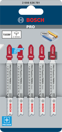 Пильные полотна Bosch PRO Plastics PMMA clean T102BF для лобзика, комплект из 5 штук.