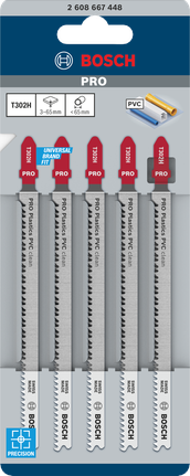 Пильные полотна Bosch PRO Plastics PVC clean T302H для лобзика, комплект из 5 штук.