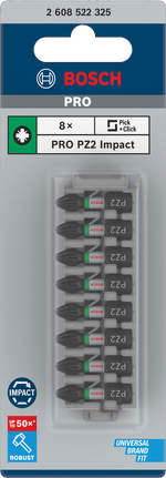 Набор из 8 ударных бит Bosch PRO Pozidriv PZ2 25 мм.
