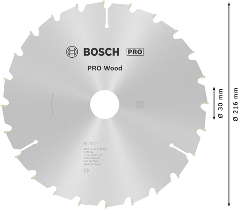 Пильный диск Bosch PRO Wood диаметром 216 мм для точной распиловки древесины.