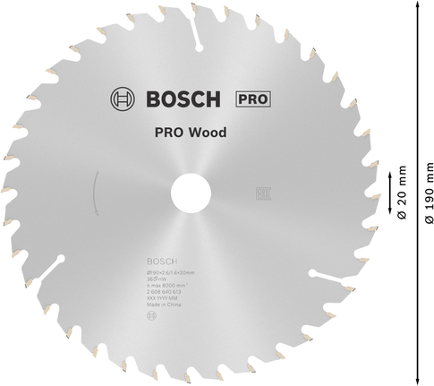 Пильный диск Bosch PRO для циркулярной пилы по дереву, диаметр 190 мм, тип T36, для точной распиловки древесины.