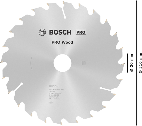 Пильный диск Bosch PRO для циркулярной пилы по дереву, диаметр 210 мм, тип T24, для чистой распиловки древесины.