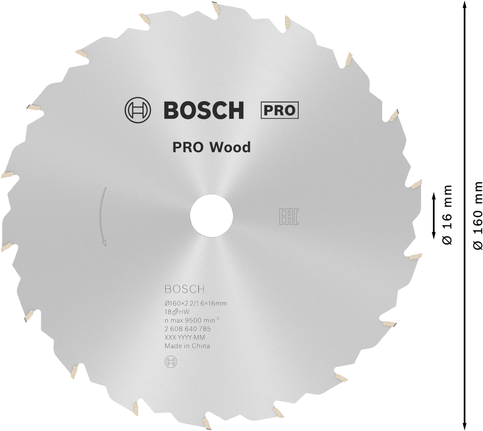 Пильный диск Bosch PRO Wood диаметром 160 мм для чистой распиловки древесины.