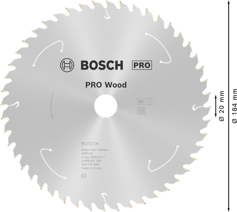 Пильный диск для аккумуляторной циркулярной пилы Bosch PRO Wood, диаметр 184 мм.