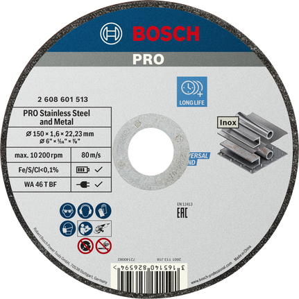 Диск для резки нержавеющей стали и металла Bosch PRO, диаметр 150 мм.