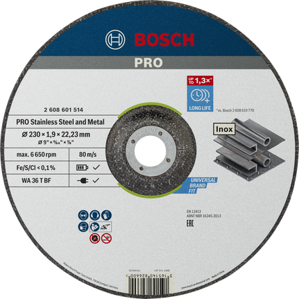 Диск для резки нержавеющей стали и металла Bosch PRO, диаметр 230 мм.