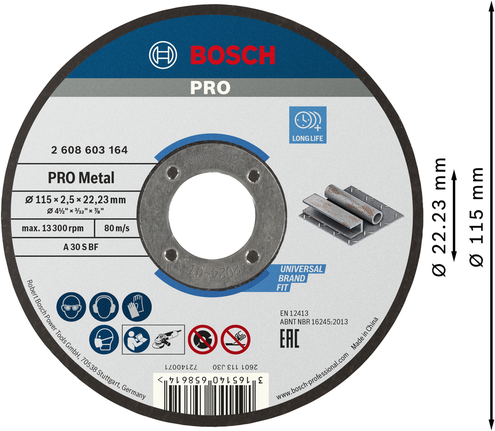 Отрезной диск Bosch PRO с металлическим покрытием, 115 x 2,5 x 22,23 мм.