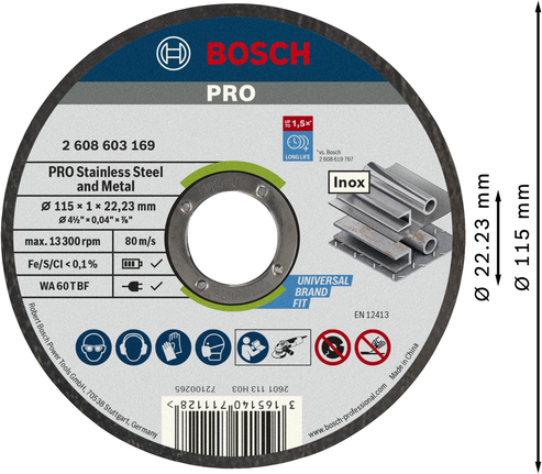 Диск для резки нержавеющей стали и металла Bosch PRO, 115 мм.