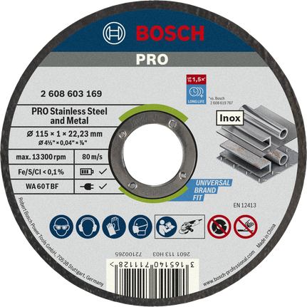 Диск для резки нержавеющей стали и металла Bosch PRO, 115 мм.