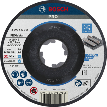 Шлифовальный диск Bosch PRO с металлическим креплением, 115 x 6 мм, X-Lock.