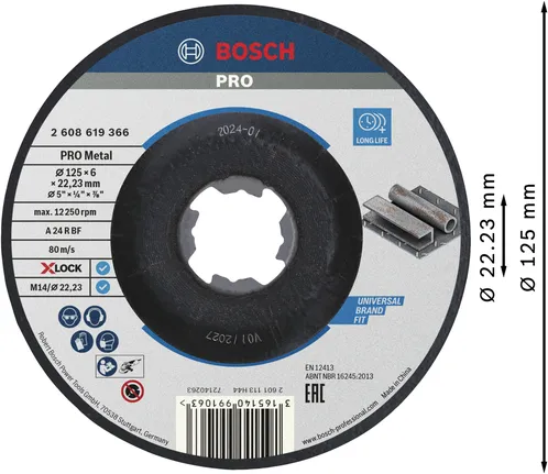 Шлифовальный диск Bosch PRO с металлическим креплением, 125 мм, X-Lock.