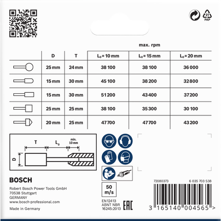 Комплект контактных групп Bosch PRO со стальным креплением, информацией о частоте вращения и мерах безопасности.