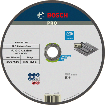 Отрезной диск Bosch PRO из нержавеющей стали диаметром 230 мм для нержавеющей стали.