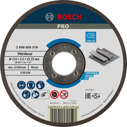Отрезной диск Bosch PRO с металлическим креплением, 115 x 2,5 мм.