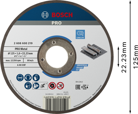 Отрезной диск Bosch PRO с металлическим креплением, 125x1,6x22,23 мм.