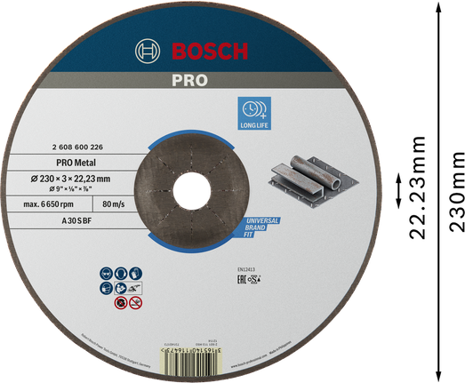 Отрезной диск Bosch PRO с металлическим креплением, 230x3x22,23 мм.