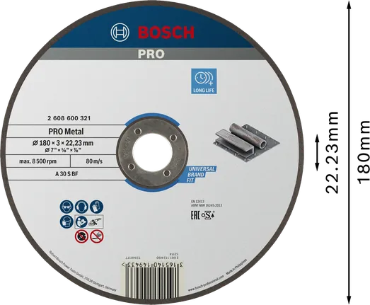 Отрезной диск Bosch PRO с металлическим покрытием, 180 x 3 x 22,23 мм.