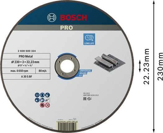 Отрезной диск Bosch PRO с металлическим креплением, 230x3x22,23 мм.